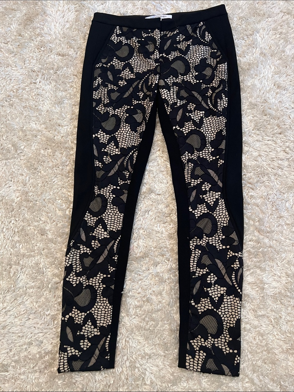Diane Von Furstenberg Black Skinny Jeans with Nude Lace-Effect Panels
